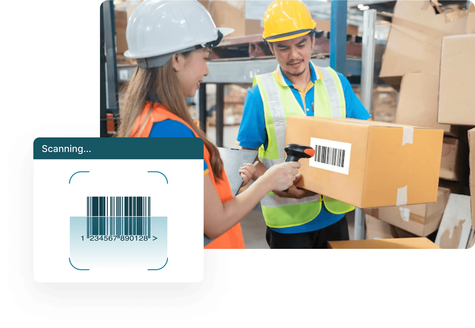 Workers scanning a barcode off of a box